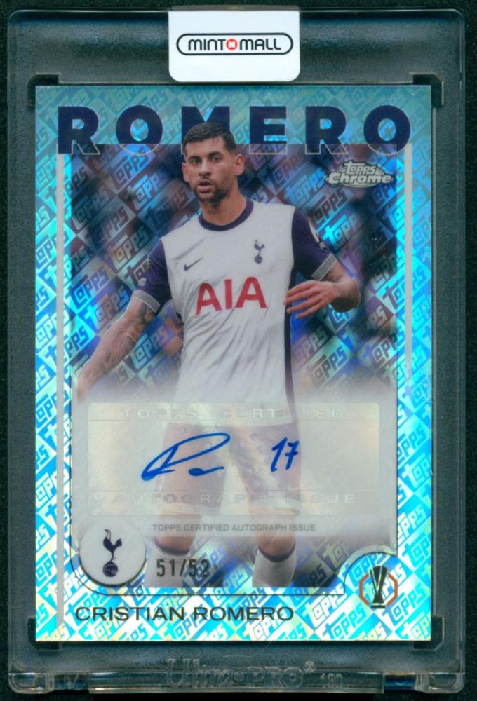 2024-25 Topps Chrome UEFA Club Competitions Autographs Toppsfractors card featuring Cristian Romero 51/52 Tottenham Hotspur