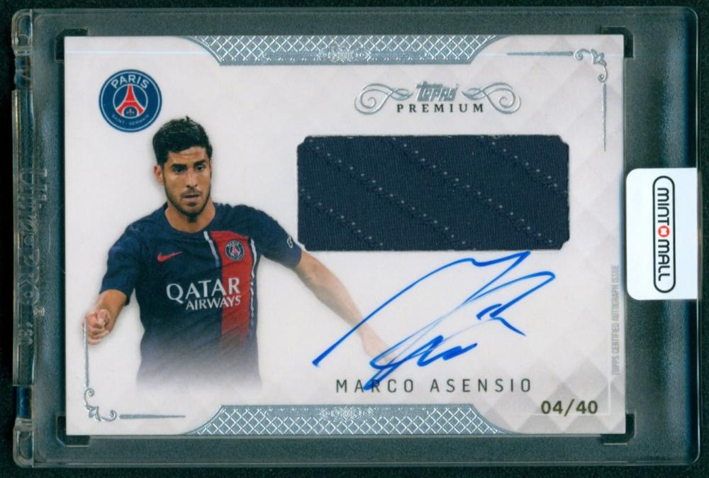 2023-24 Paris Saint-Germain Topps Premium Black and White Autograph Relics card #ARAS featuring Marco Asensio serial 4 of 40