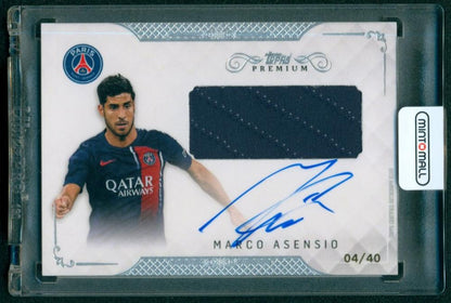 2023-24 Paris Saint-Germain Topps Premium Black and White Autograph Relics card #ARAS featuring Marco Asensio serial 4 of 40