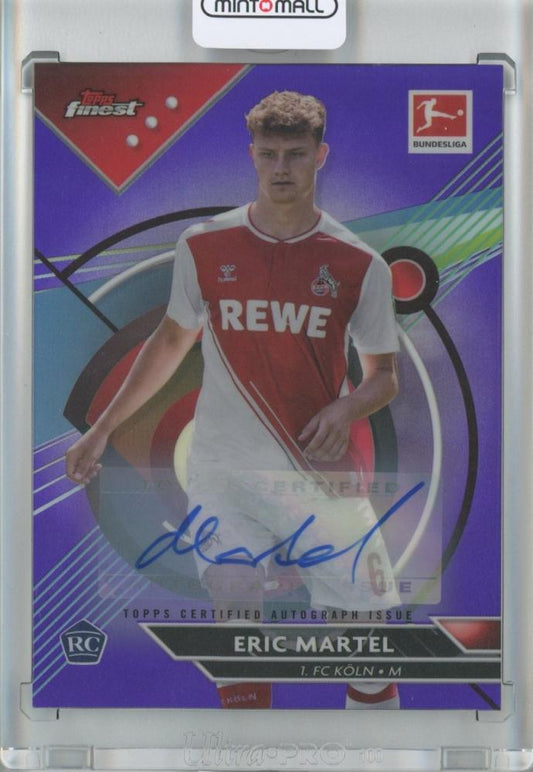 2022-23 TOPPS FINEST BUNDESLIGA SOCCER Eric Martel Base Autograph Purple Refractor card numbered 43 of 99