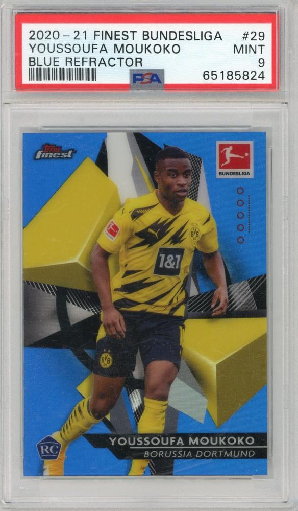 2020-21 TOPPS Finest Bundesliga Youssoufa Moukoko Blue Refractors #29 card graded PSA 9 Borussia Dortmund
