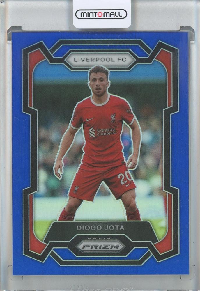 2023-24 Panini Prizm Premier League Diogo Jota Blue Prizm card number 026 out of 299 featuring Liverpool FC