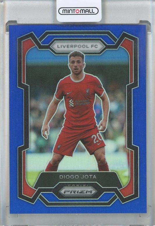 2023-24 Panini Prizm Premier League Diogo Jota Blue Prizm card number 026 out of 299 featuring Liverpool FC