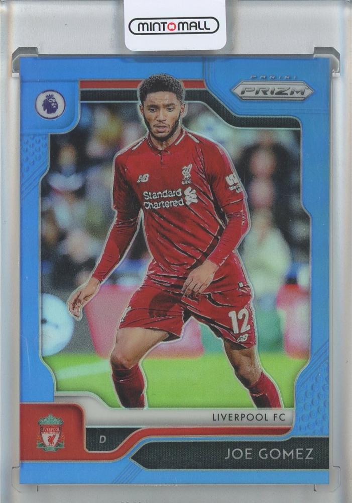 2019-20 Panini Prizm Premier Joe Gomez Blue trading card serial #88009/199 from Liverpool FC with minor wear