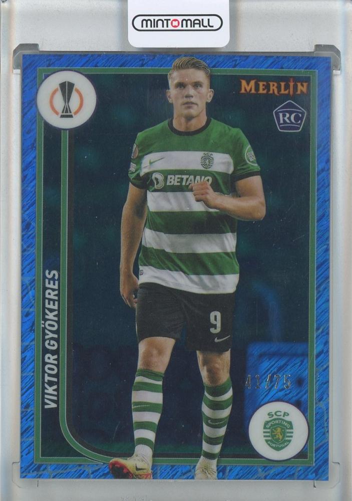 2023-24 Topps Chrome Merlin UEFA Viktor Gyokeres rookie card Blue Shimmer Refractor serial 11341 out of 75 Celtic FC