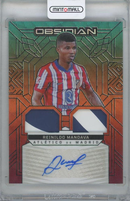 2024-25 PANINI Obsidian Dual Jersey Ink Electric Etch card of Reinildo Mandava from Atletico Madrid numbered 09/10