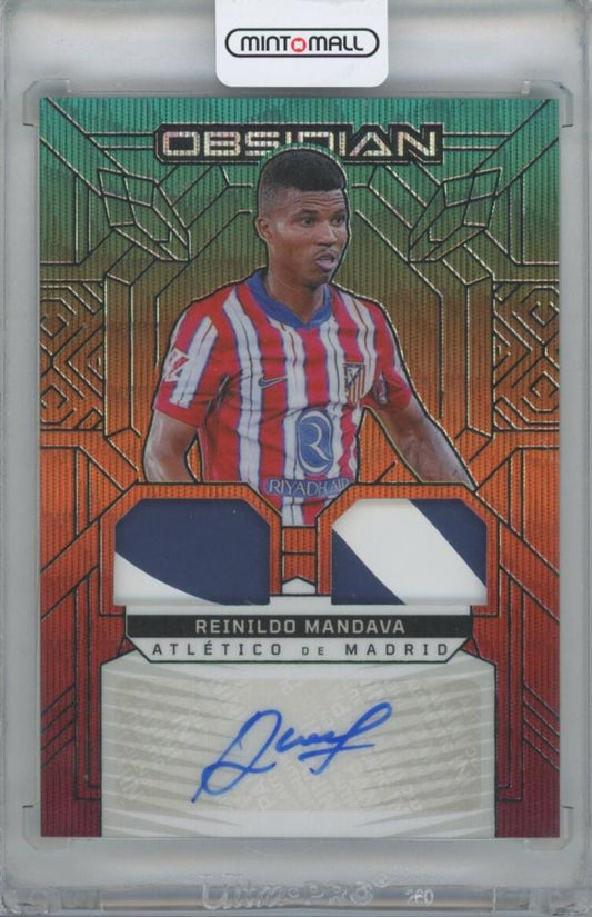 2024-25 PANINI Obsidian Dual Jersey Ink Electric Etch card of Reinildo Mandava from Atletico Madrid numbered 09/10
