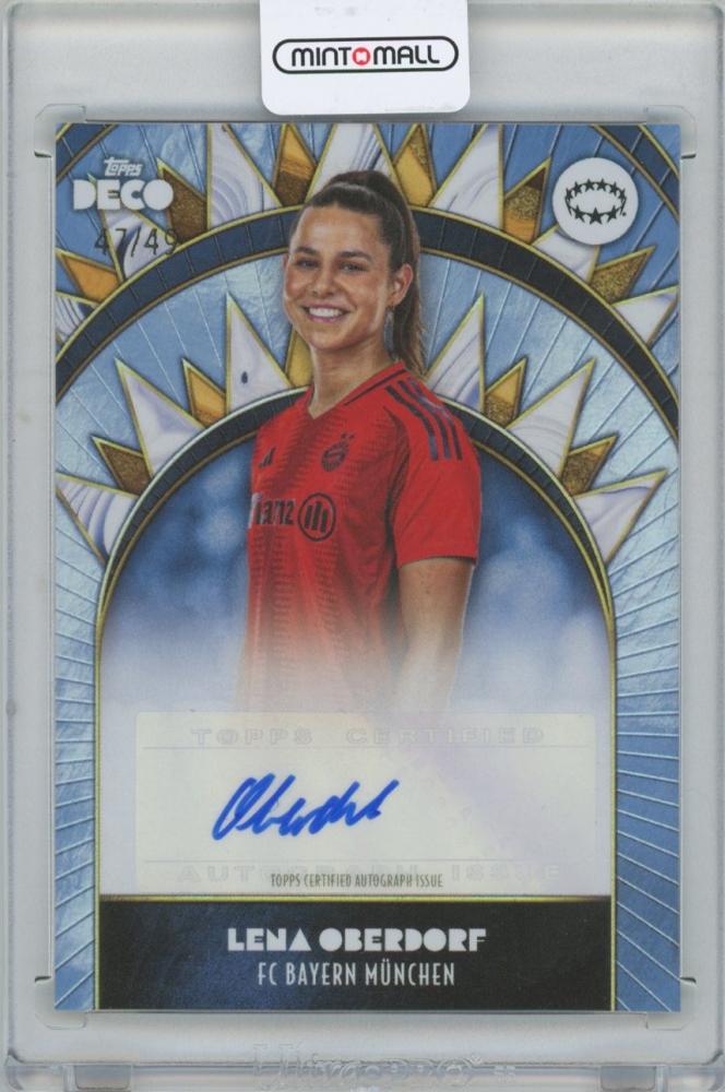 2024-25 TOPPS Deco UEFA Club Competitions Autographs Blue card featuring Lena Oberdorf FC Bayern München serial 47 of 49