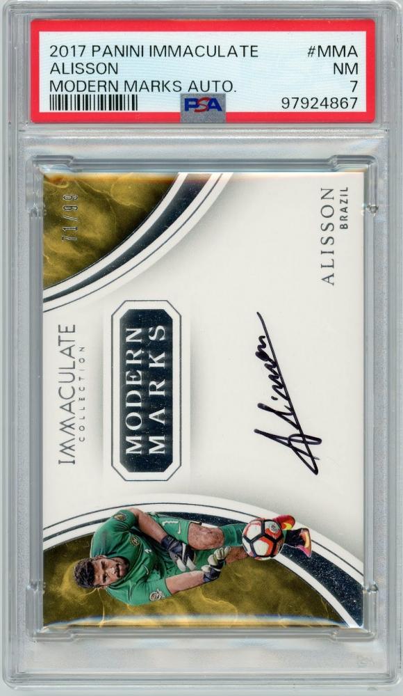 2017 PANINI Immaculate Collection Soccer card featuring Alisson Modern Marks Autograph limited edition 71/99 PSA7