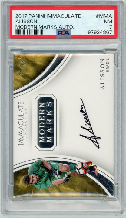 2017 PANINI Immaculate Collection Soccer card featuring Alisson Modern Marks Autograph limited edition 71/99 PSA7