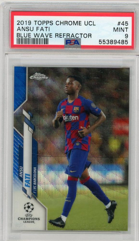 2019-20 Topps Chrome UEFA Champions League Ansu Fati Base Blue Wave parallel card PSA certified 20 of 75