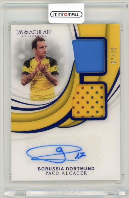 2018-19 Panini Immaculate Collection Paco Alcacer Dual Patch Autographs Sapphire Parallel card numbered 7 out of 25
