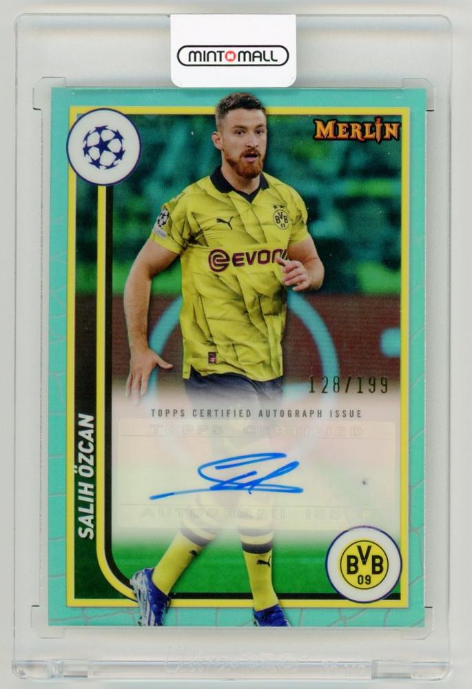 2023-24 Topps Merlin UEFA Club Competitions Salih Ozcan Autographs Aqua Refractors card numbered 128 of 199 featuring Borussia Dortmund