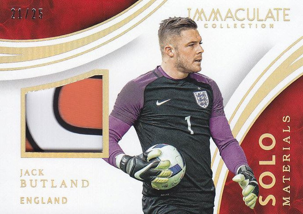 2017 Panini Immaculate Soccer Jack Butland card numbered 21 out of 25 featuring England team colors