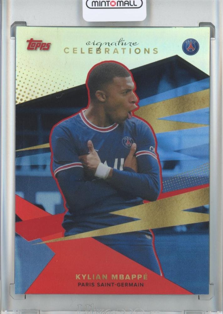 2021-22 Topps Paris Saint-Germain Kylian Mbappe Signature Celebrations soccer card number 32 with red foil serial 2 of 5