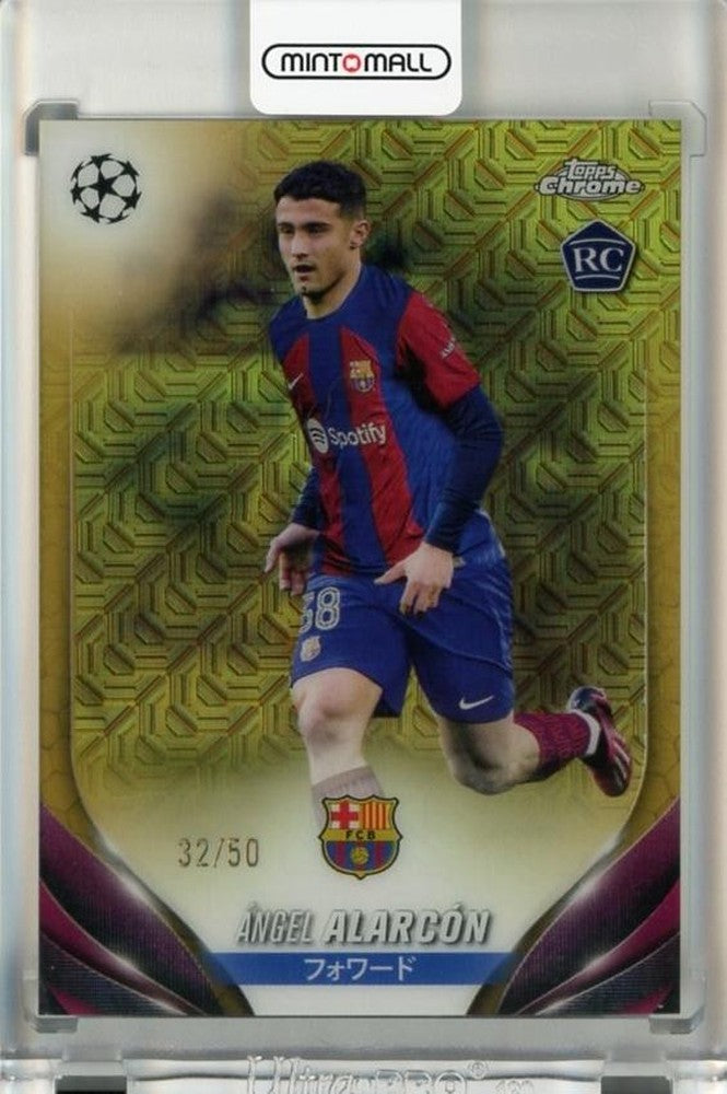 2023-24 Topps UEFA Club Competitions Angel Alarcon Chrome Mojo Gold Refractors rookie card #14732/50 with minor stain on back