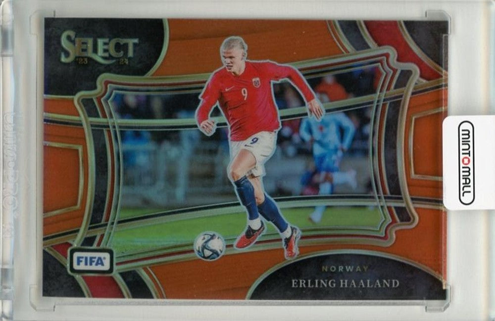 2023-24 Panini Select FIFA trading card featuring Erling Haaland in orange numbered 20640/49