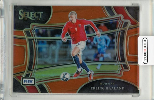 2023-24 Panini Select FIFA trading card featuring Erling Haaland in orange numbered 20640/49