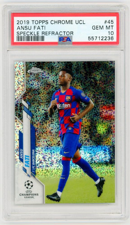 2019-20 Topps Chrome UEFA Champions League Ansu Fati Base Speckle Refractor trading card graded PSA 10 Gem-MINT