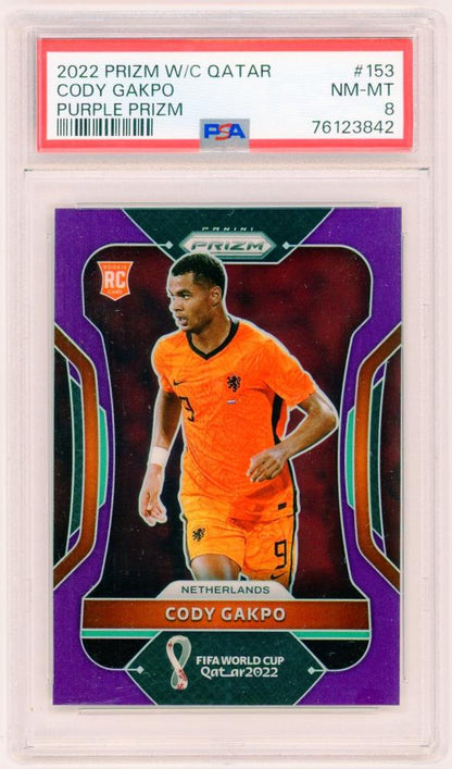 2022 Panini Prizm World Cup Qatar Cody Gakpo Base Purple Prizm Parallel Serial No 119 199 PSA 8 Netherlands soccer card