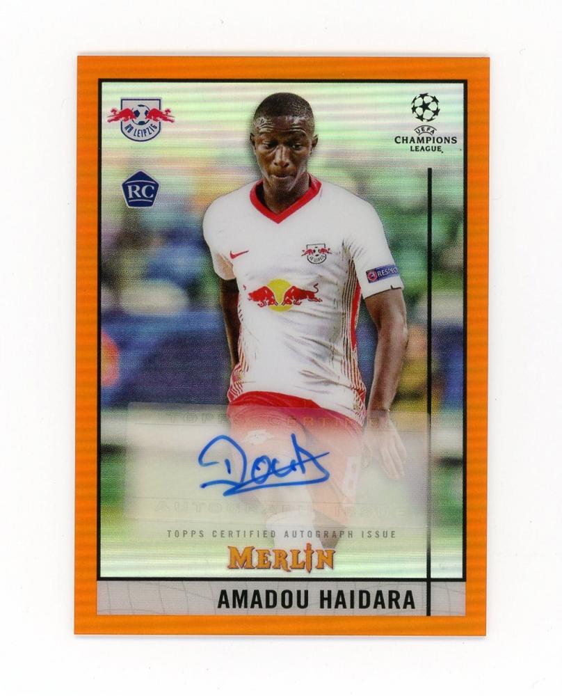 2020-21 TOPPS Merlin Chrome UEFA Champions League Europa League Orange Parallel Autograph card of Amadou Haidara numbered 18/25