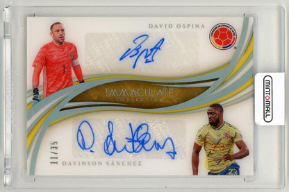 2020 Panini Immaculate Collection trading card with dual autographs of David Ospina and Davinson Sanchez, numbered 11 of 35