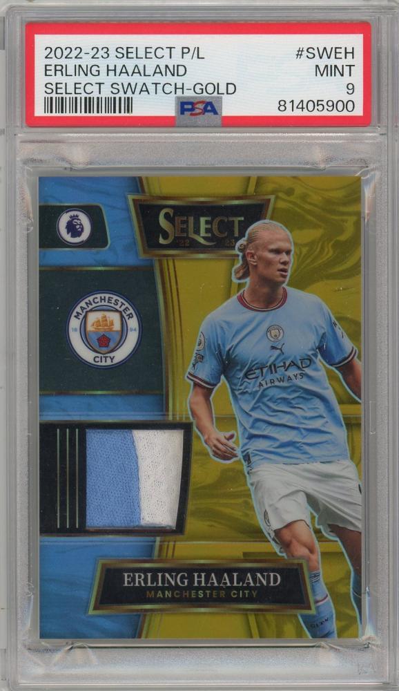 2022-23 Panini Select Premier League Erling Haaland Gold Swatch #17 PSA9 trading card from Manchester City