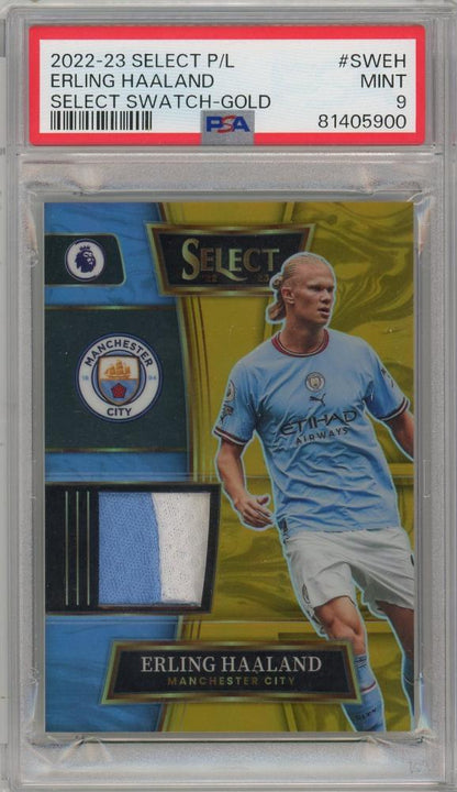 2022-23 Panini Select Premier League Erling Haaland Gold Swatch #17 PSA9 trading card from Manchester City