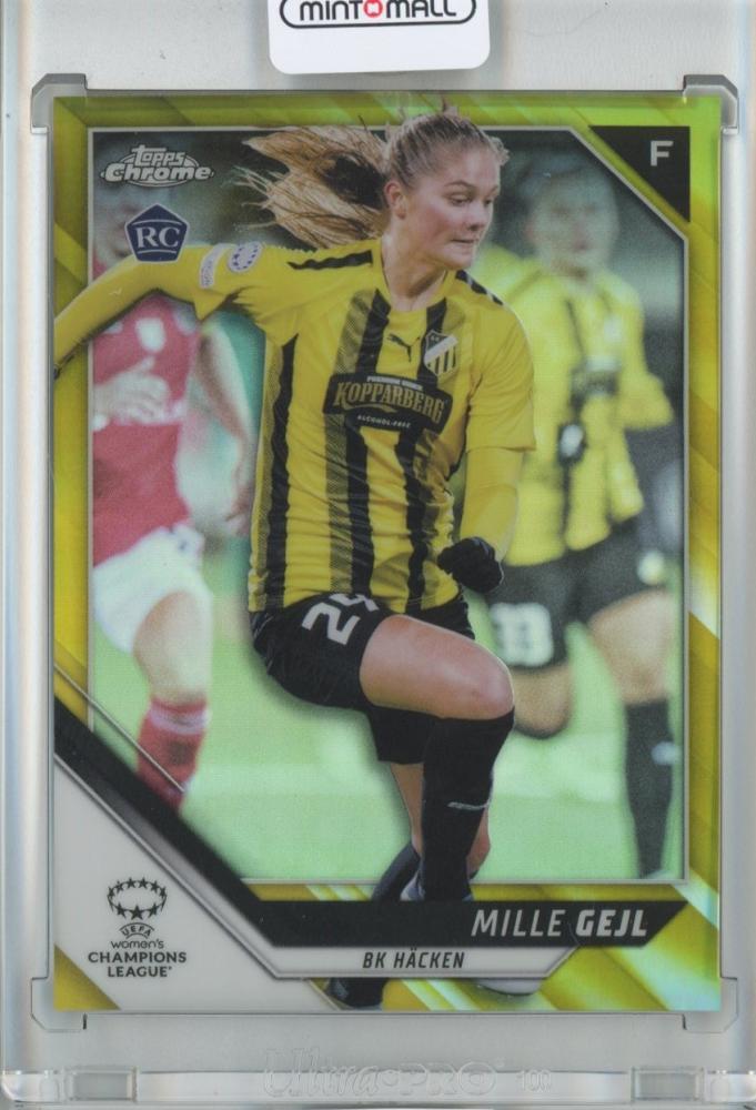 2021-22 Topps Chrome UEFA Women’s Champions League Soccer card Mille Gejl Base Gold numbered 33 of 50 with minor stain