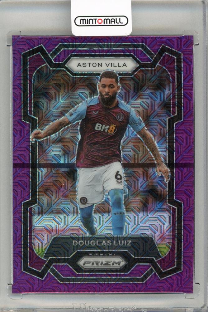2023-24 Panini Prizm Premier League Douglas Luiz Purple Mojo autograph card numbered 15 of 25 from Aston Villa