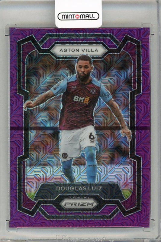 2023-24 Panini Prizm Premier League Douglas Luiz Purple Mojo autograph card numbered 15 of 25 from Aston Villa