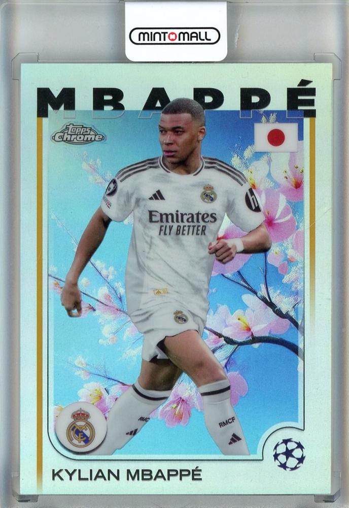 2024-25 Topps Chrome UEFA Japan edition trading card featuring Kylian Mbappe Cherry Blossom Refractor Real Madrid