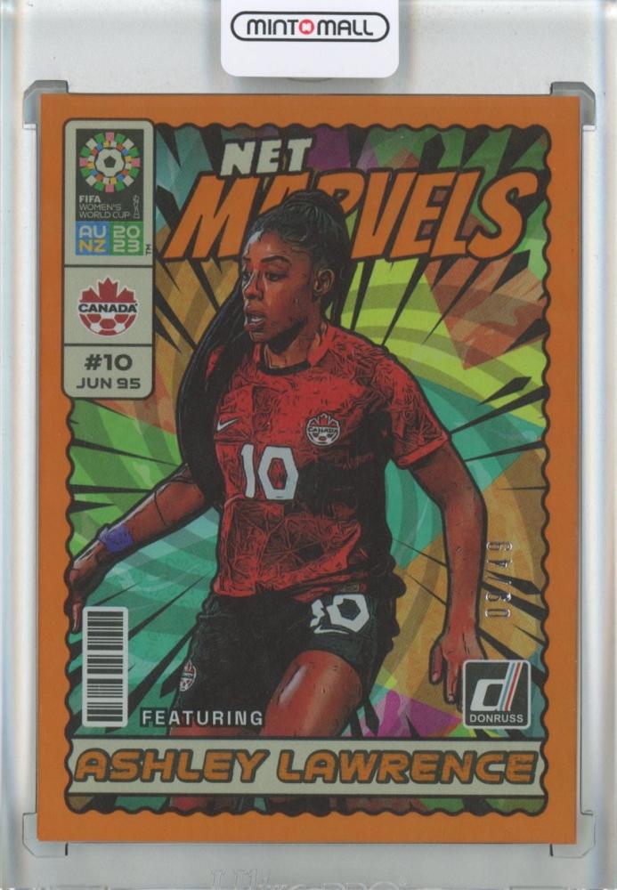 2023 Donruss FIFA Women’s World Cup Ashley Lawrence Net Marvels Orange Parallel card serial numbered 09 of 49