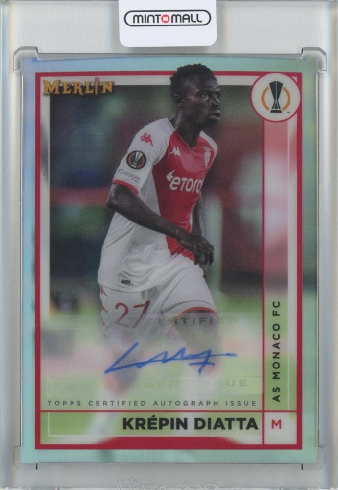 2022 Topps Merlin Chrome UEFA League Soccer card of Krepin Diatta with autograph and minor stain on back