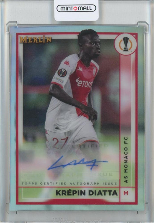 2022 Topps Merlin Chrome UEFA League Soccer card of Krepin Diatta with autograph and minor stain on back