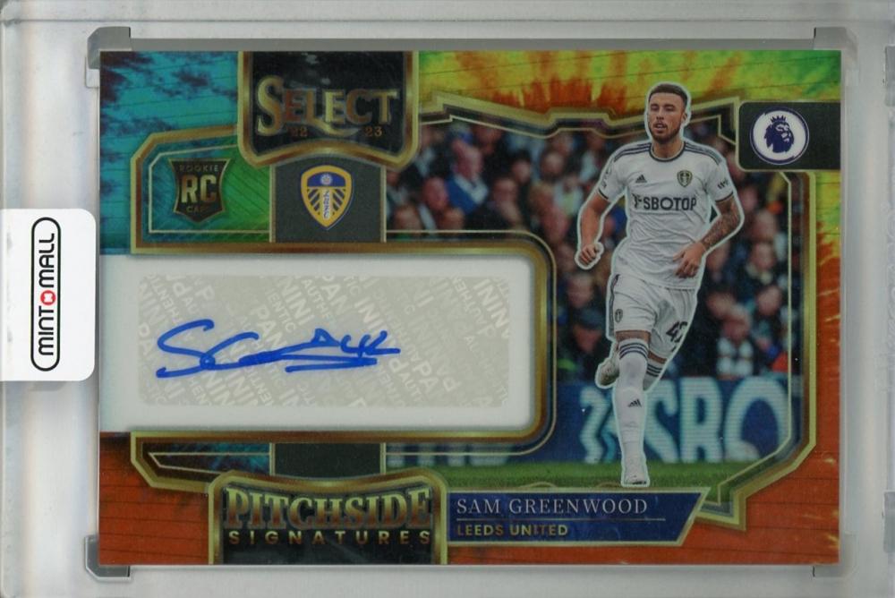 2022-23 Panini Select Premier League Sam Greenwood Leeds United Pitchside Signatures Tie-Dye parallel card serial 20/25