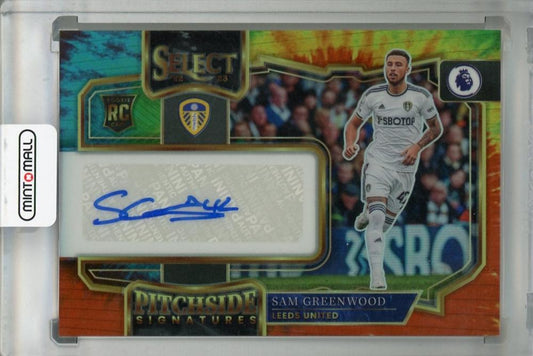 2022-23 Panini Select Premier League Sam Greenwood Leeds United Pitchside Signatures Tie-Dye parallel card serial 20/25