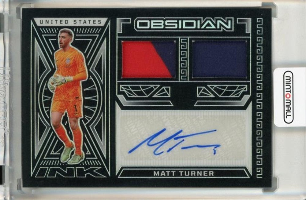 2023-24 Panini Obsidian Matt Turner Dual Jersey Ink Auto card numbered 33056 of 199 with minor back stain