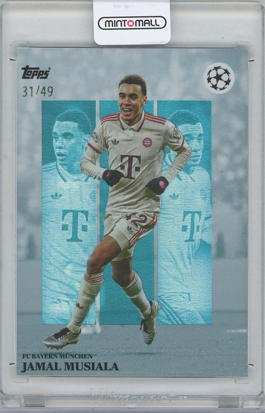 2024-25 TOPPS Simplicidad UEFA Club Competitions Megaestrellas Blue trading card featuring Jamal Musiala Bayern Munich 31 of 49
