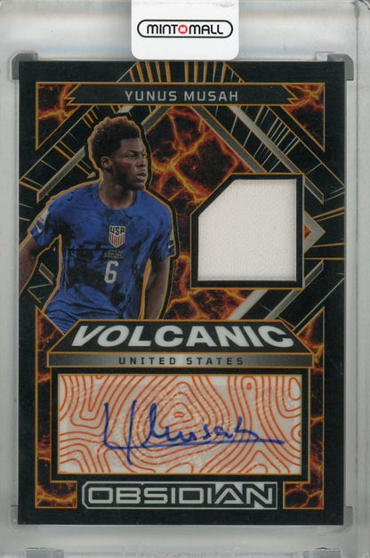2022-23 Panini Obsidian trading card featuring Yunus Musah Volcanic Material Signatures Red numbered 14 of 25
