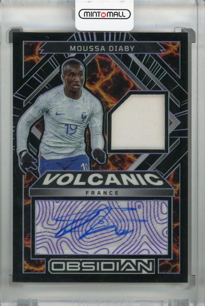 2022-23 Panini Obsidian France Moussa Diaby Volcanic Material Signatures Purple Parallel trading card numbered 40 of 50