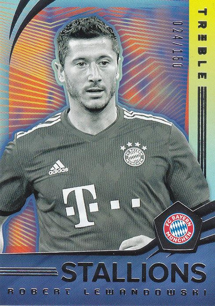 2018-19 Panini Treble Robert Lewandowski trading card from FC Bayern Munich, numbered 024 of 150 with minor back stain