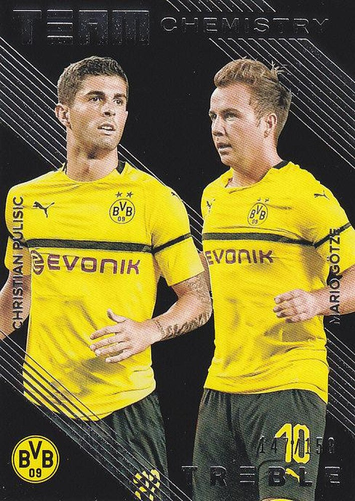 2018-19 Panini Treble trading card featuring Mario Gotze and Christian Pulisic Borussia Dortmund #147/150