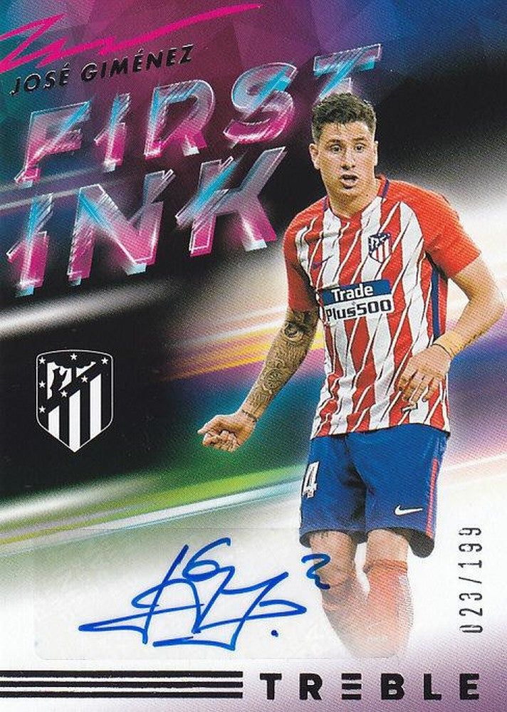 2018-19 Panini Treble Jose Gimenez Atletico Madrid autograph card numbered 023 of 199 with minor stain on back