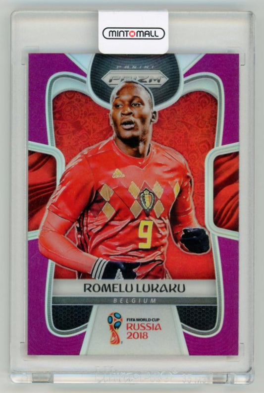 2018 Panini Prizm World Cup Romelu Lukaku Purple Prizm parallel card numbered 47 of 99 from Belgium