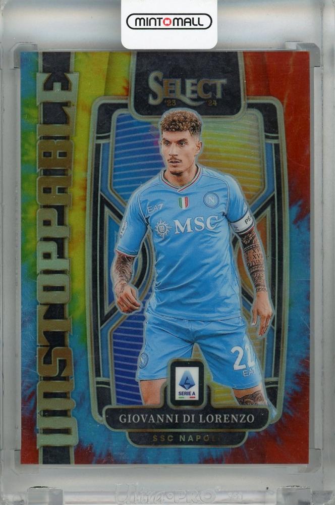 2023-24 Panini Select Serie A Giovanni Di Lorenzo Unstoppable Tie-Dye #17 card, SSC Napoli, serial 23 of 49 with minor back stain