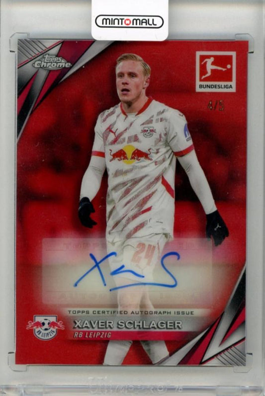 2024-25 TOPPS Chrome Bundesliga Xaver Schlager Autographs Red Refractors trading card serial numbered 4 of 5