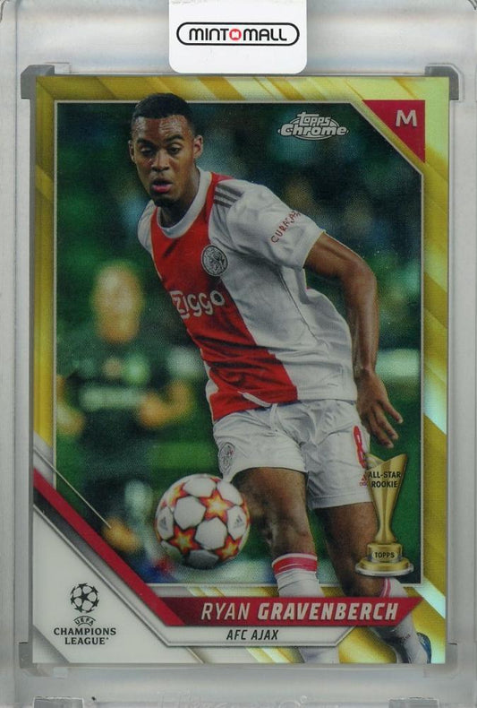 2020-21 Topps Chrome UEFA Champions League base gold trading card of Ryan Gravenberch from Ajax serial number 31 out of 50 with minor back stain