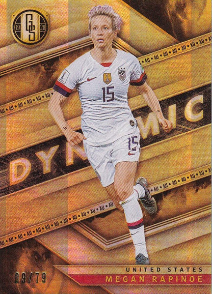 2019-28 Panini Gold Standard Megan Rapinoe Dynamic AU parallel trading card numbered 09 out of 79