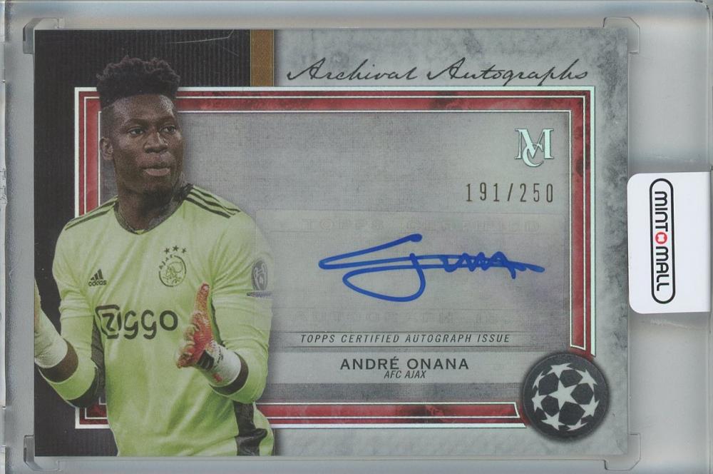 2020-21 Topps Museum UEFA Champions League trading card featuring Andre Onana autograph and serial number 191 of 250